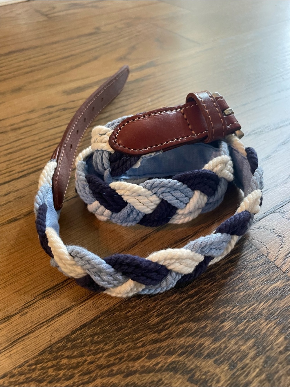 Vineyard Vines - Braided Navy and Light Blue Kid’s  Belt with Brown Leather Trim